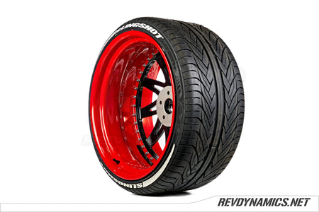 Polaris Slingshot Artis Forged Indy Red and Black custom rims with tire lettering