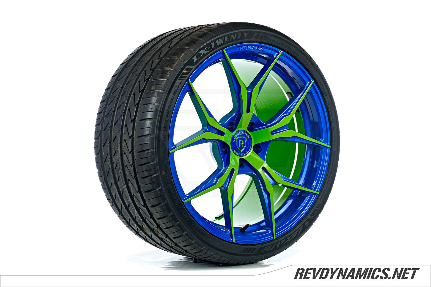 Rohana RFX5 20" Rim Powdercoated Envy Green and Stealth Blue Polaris Slingshot colors 