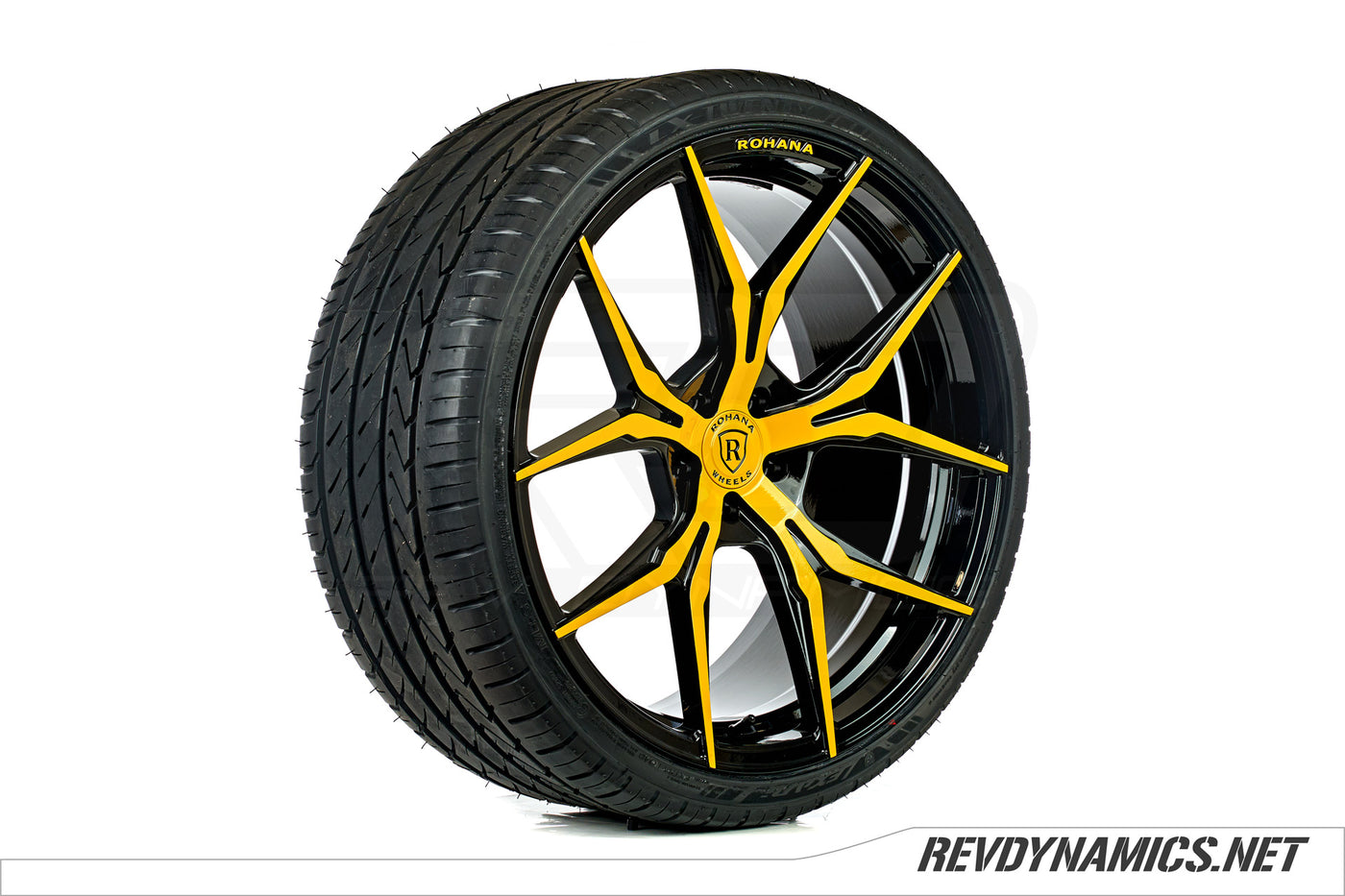 Rohana RFX5 22" Rim Powdercoated Daytona Yellow and Black Polaris Slingshot colors 