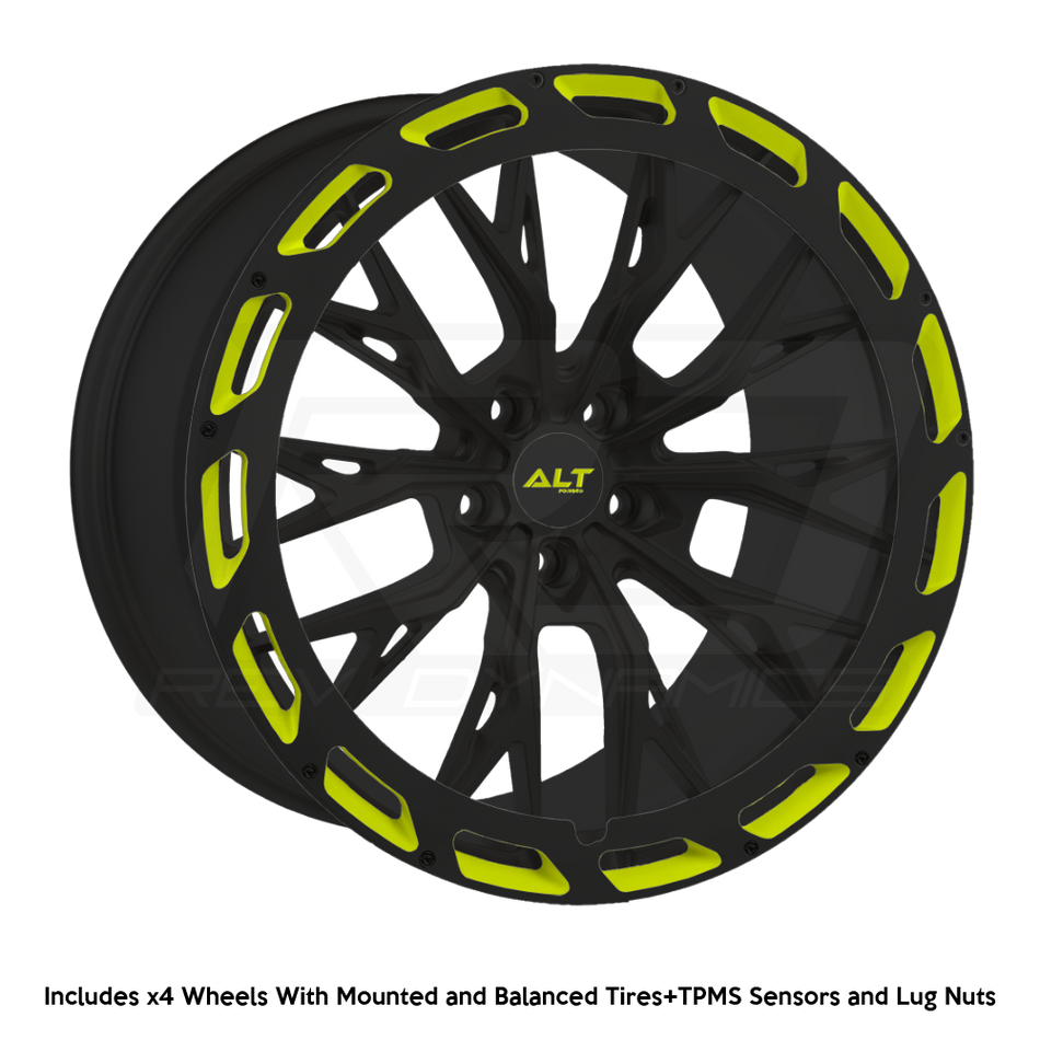 ALT Forged ALT10R C8 Corvette Z06 20x10" Front 21x13" Rear Wheel and Tire Package black and yellow