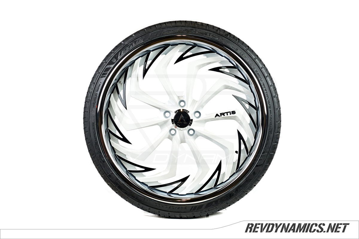 Polaris Slingshot Artis Wheel and Tire package in black and white with chrome lip