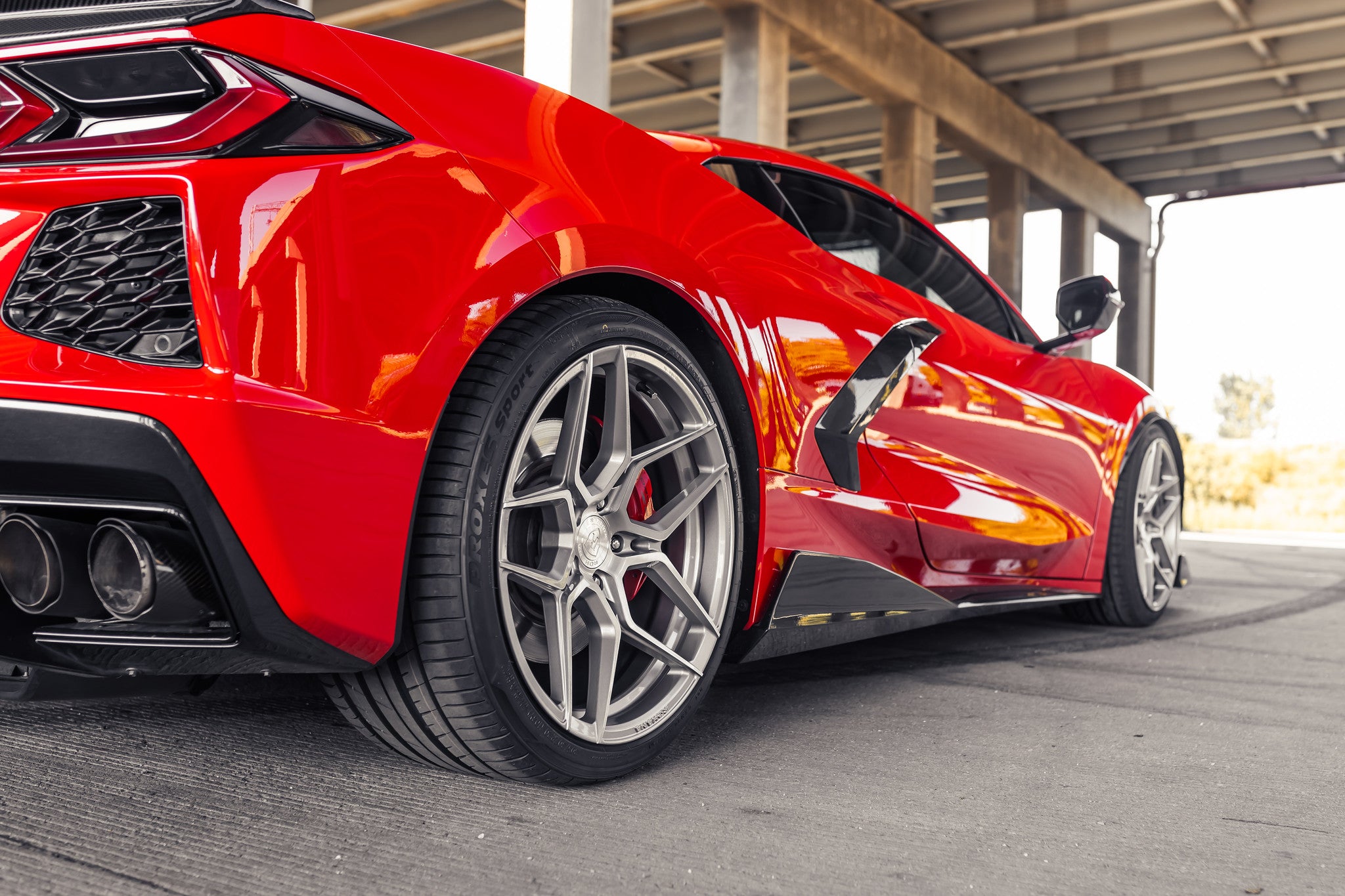 Corvette C8 Torch Red with Rohana RFX11 Brushed Titanium 19 and 20 inch wheels 