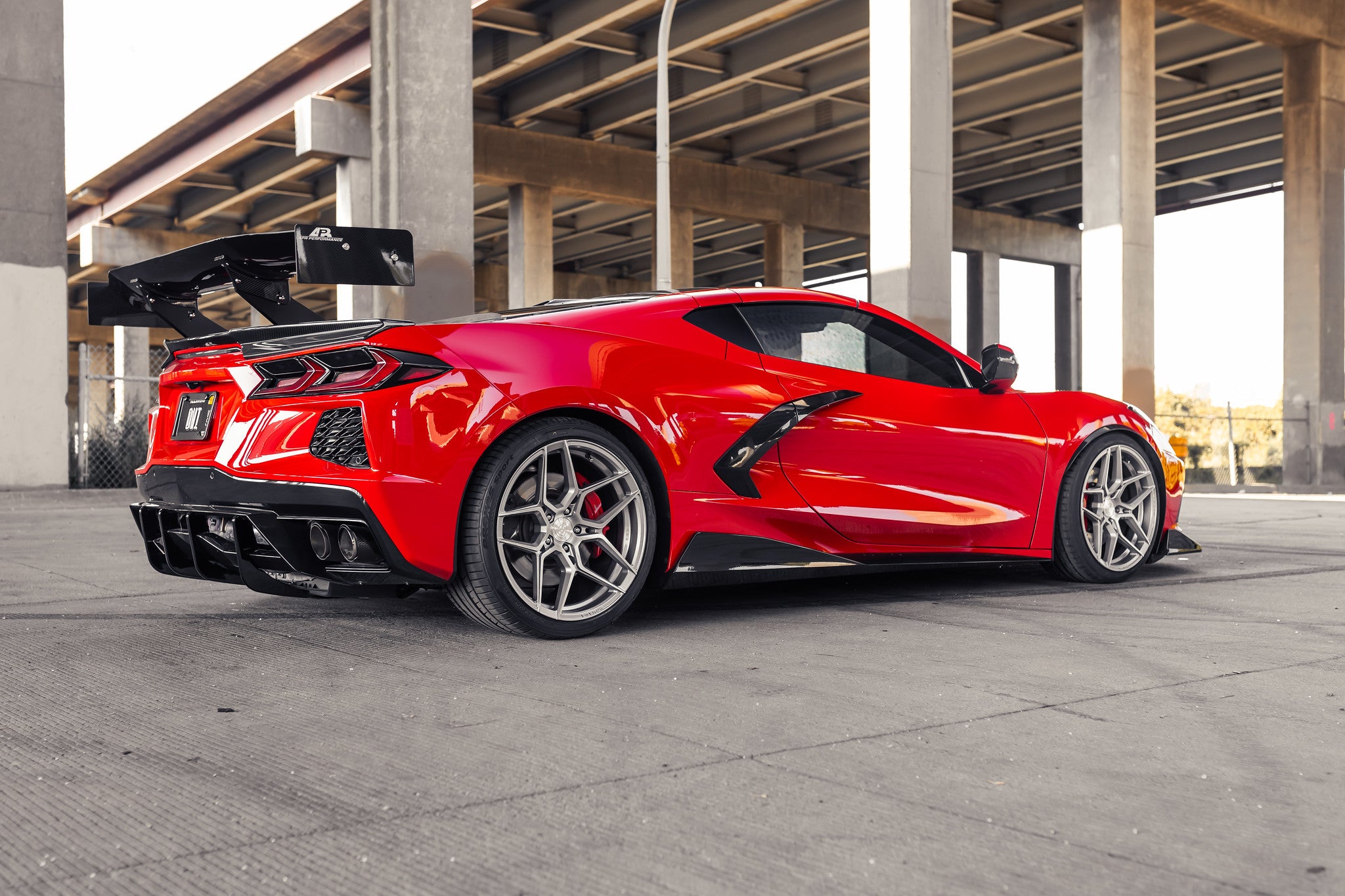 Corvette C8 Torch Red with Rohana RFX11 Brushed Titanium 19 and 20 inch wheels 