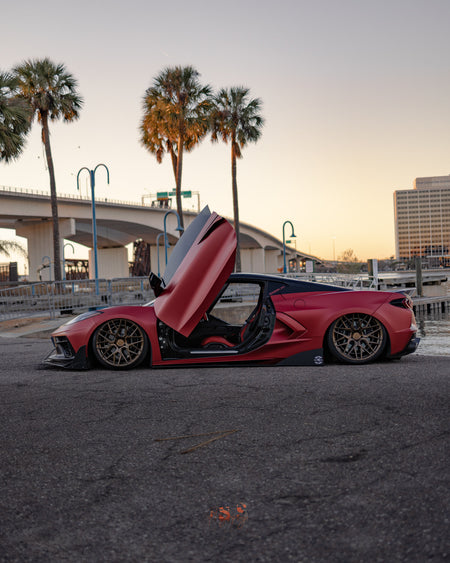 Corvette C8 Carbon Flash with Gloss Black Rohana RFX17 19 and 20 inch wheels on air 