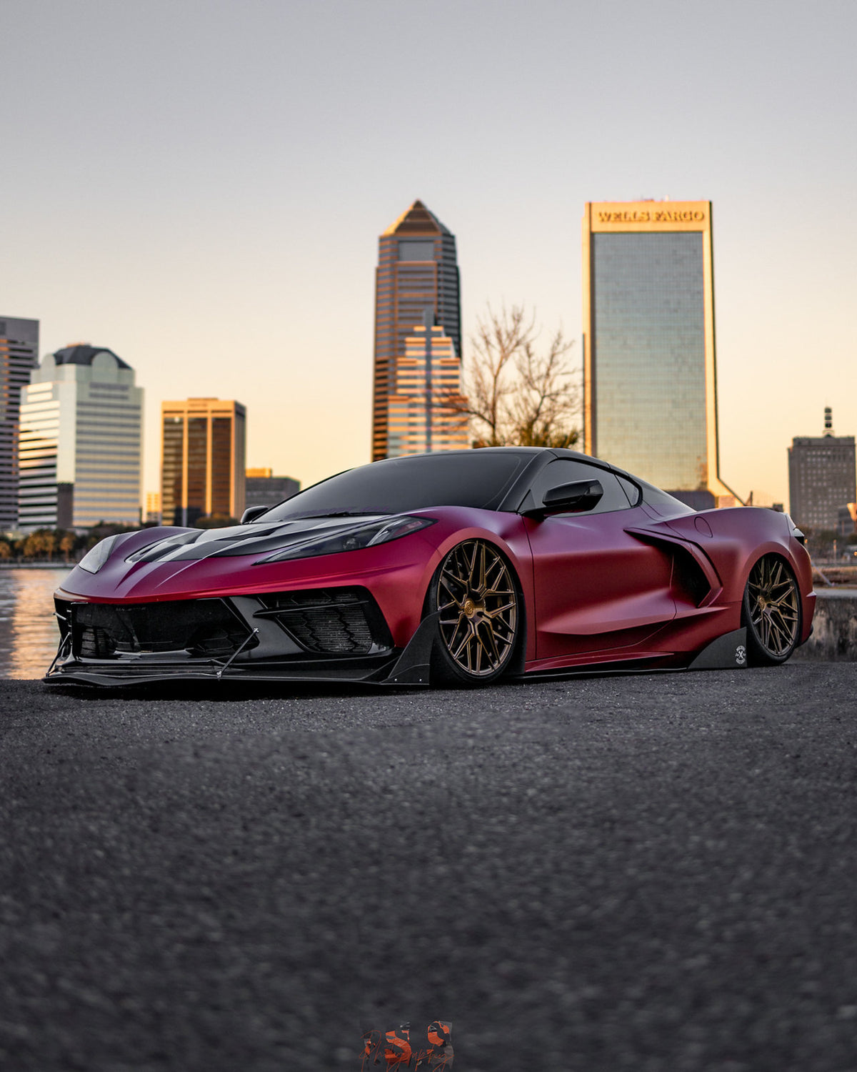 Corvette C8 Carbon Flash with Gloss Black Rohana RFX17 19 and 20 inch wheels on air ride