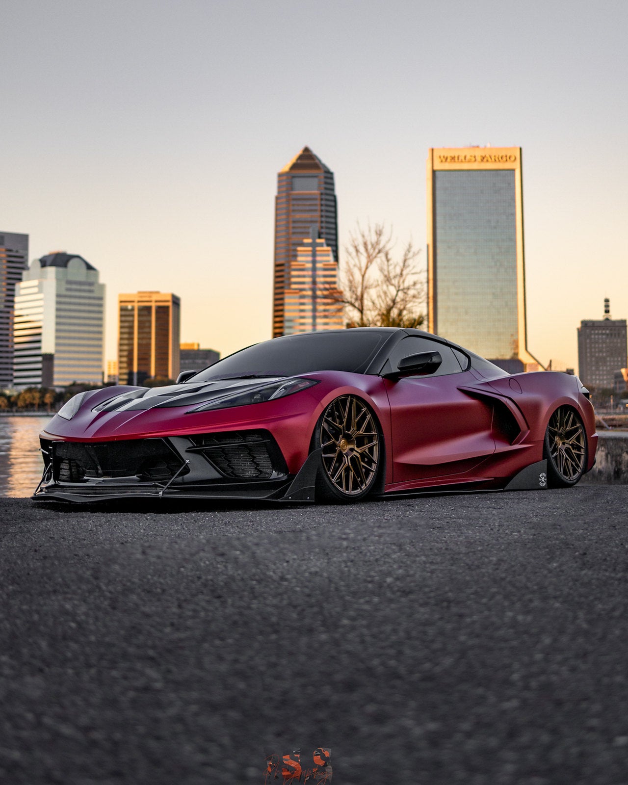Corvette C8 Carbon Flash with Gloss Black Rohana RFX17 19 and 20 inch wheels on air ride