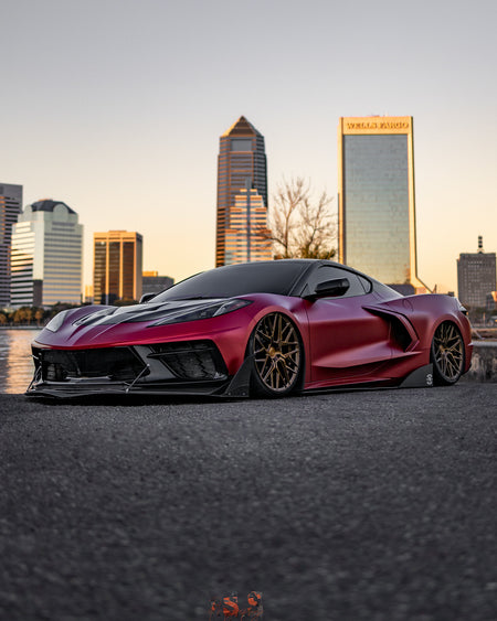 Corvette C8 Carbon Flash with Gloss Black Rohana RFX17 19 and 20 inch wheels on air ride