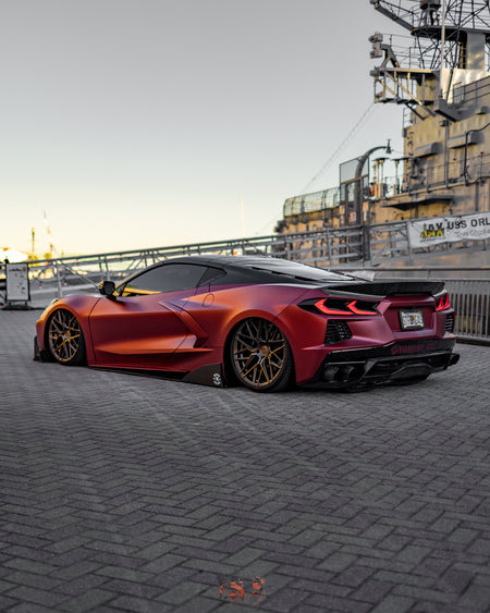Corvette C8 Carbon Flash with Gloss Black Rohana RFX17 19 and 20 inch wheels on air suspension