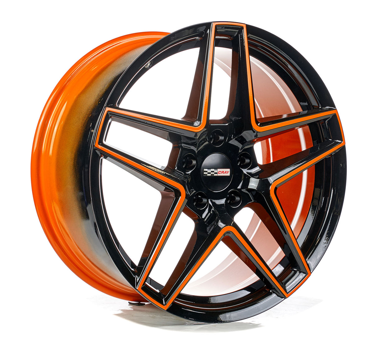 Corvette C8 Cray Panthera Rim in Amplified orange and black custom powder coat color match