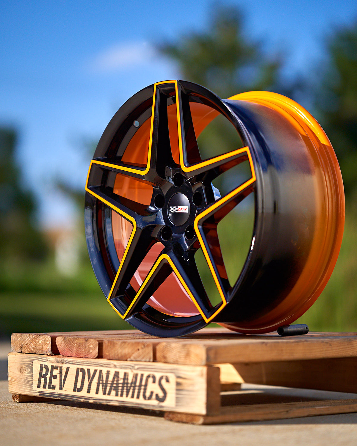 Corvette C8 Cray Panthera Rim in Amplified orange and black custom powder coat color match