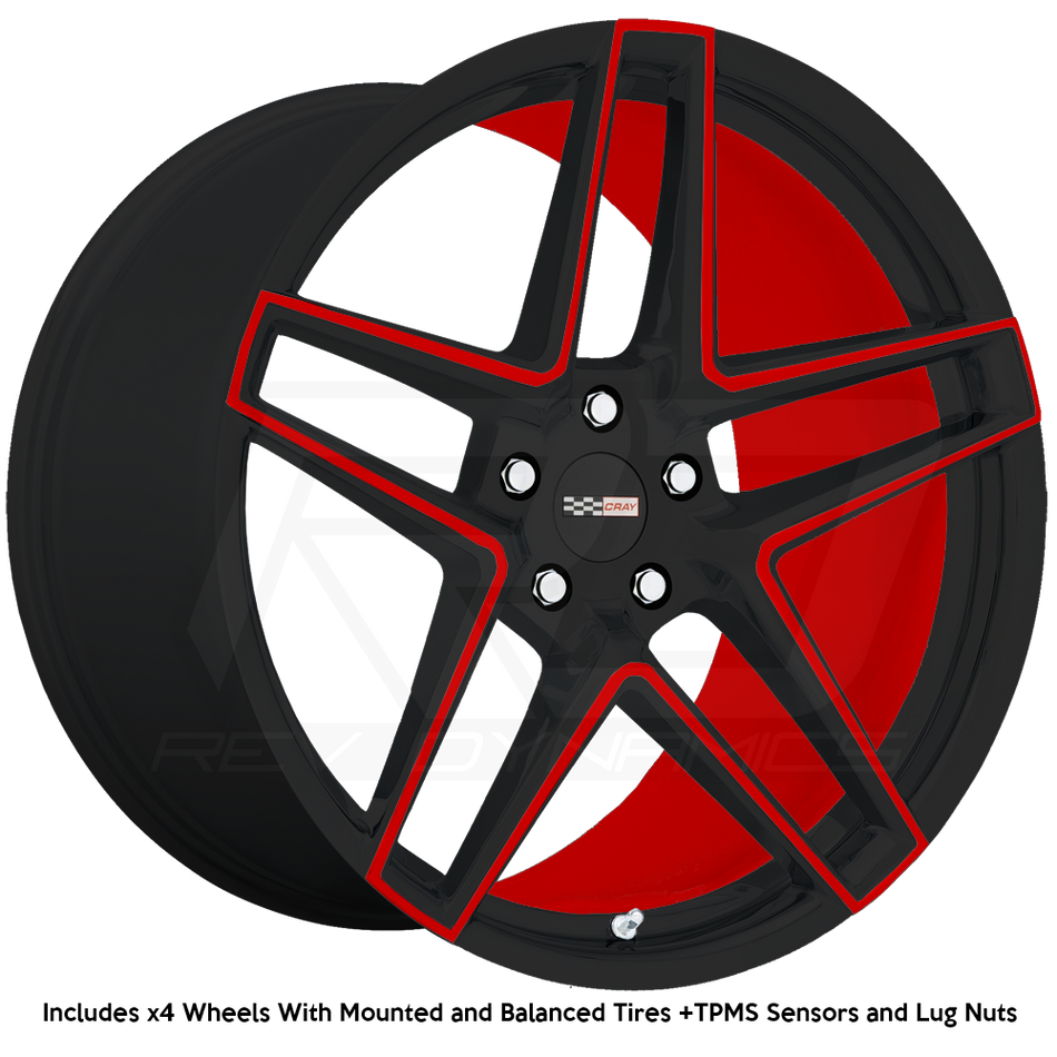 Cray Panthera C8 Corvette 20x9" Front 21x12" Rear Wheel and Tire Package - Torch Red and Black