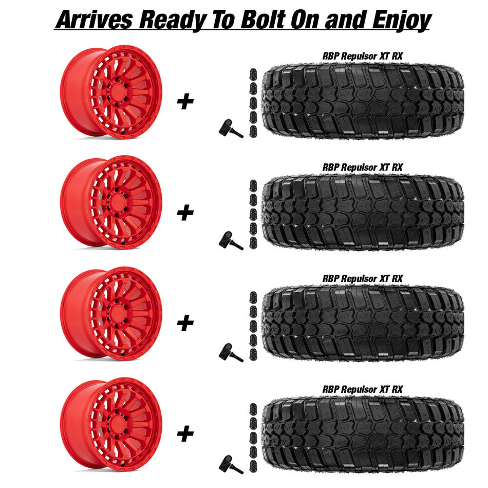Jeep Gladiator Black Rhino Raid Gloss Red 20in wheel and RBP Repulsor X/T RX tire package