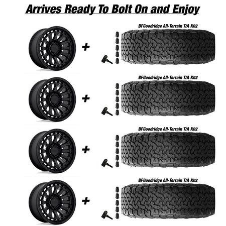 Jeep Gladiator Black Rhino Raid Matte Black 20in wheel and Bfgoodridge All Terrain T/A K02 tire package