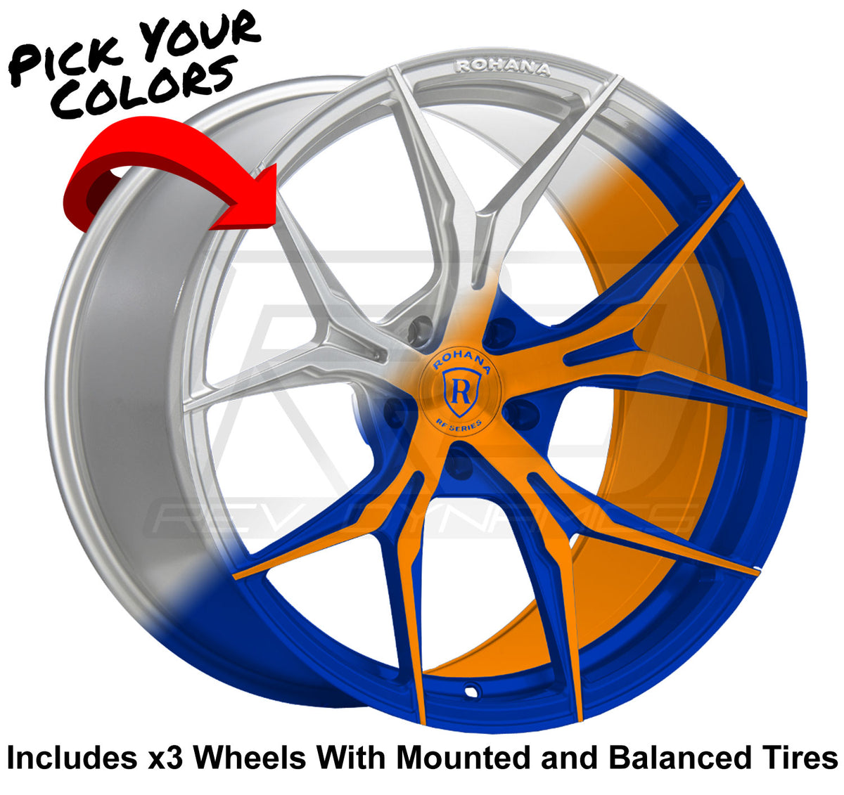 Rohana RFX5 Custom Powder Coated Wheel in Stealth Blue and Sunrise Orange