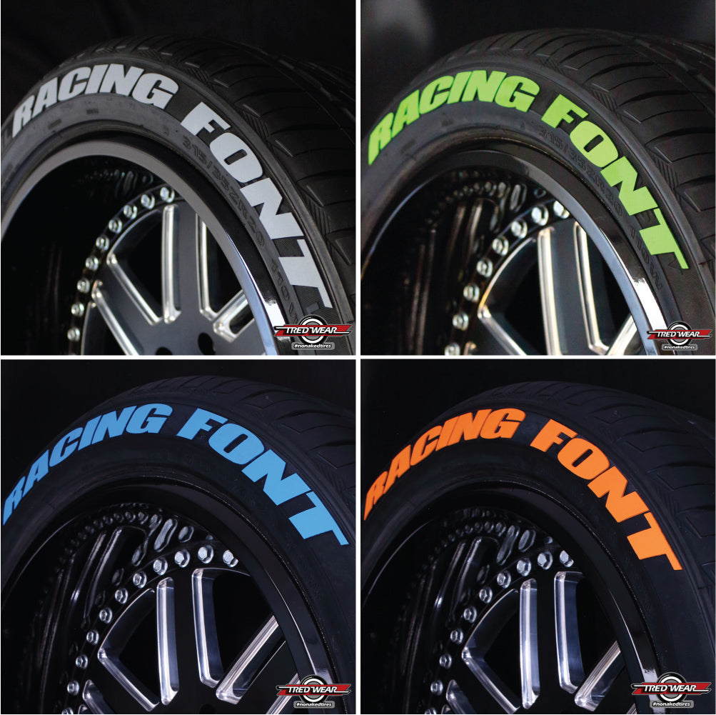 Raised grey green blue and orange lettering samples for polaris slingshot